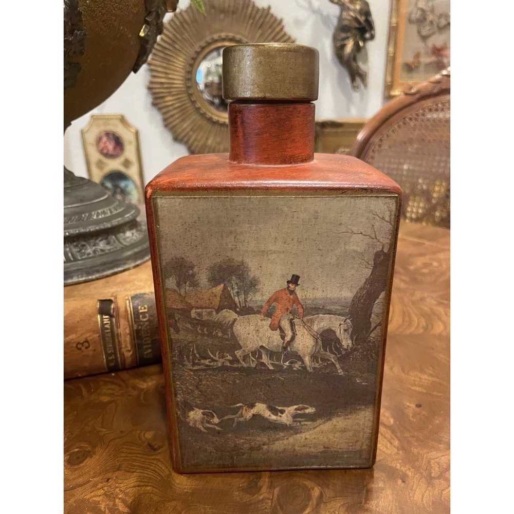 Vtg MCM Ceramic Hunt Scene Decanter Fox Hunt Equestrian Bar Bottle & Stopper